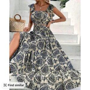 XL Boho 2-Piece Blue / Cream Multicolor Crop Top & Skirt - Never Worn